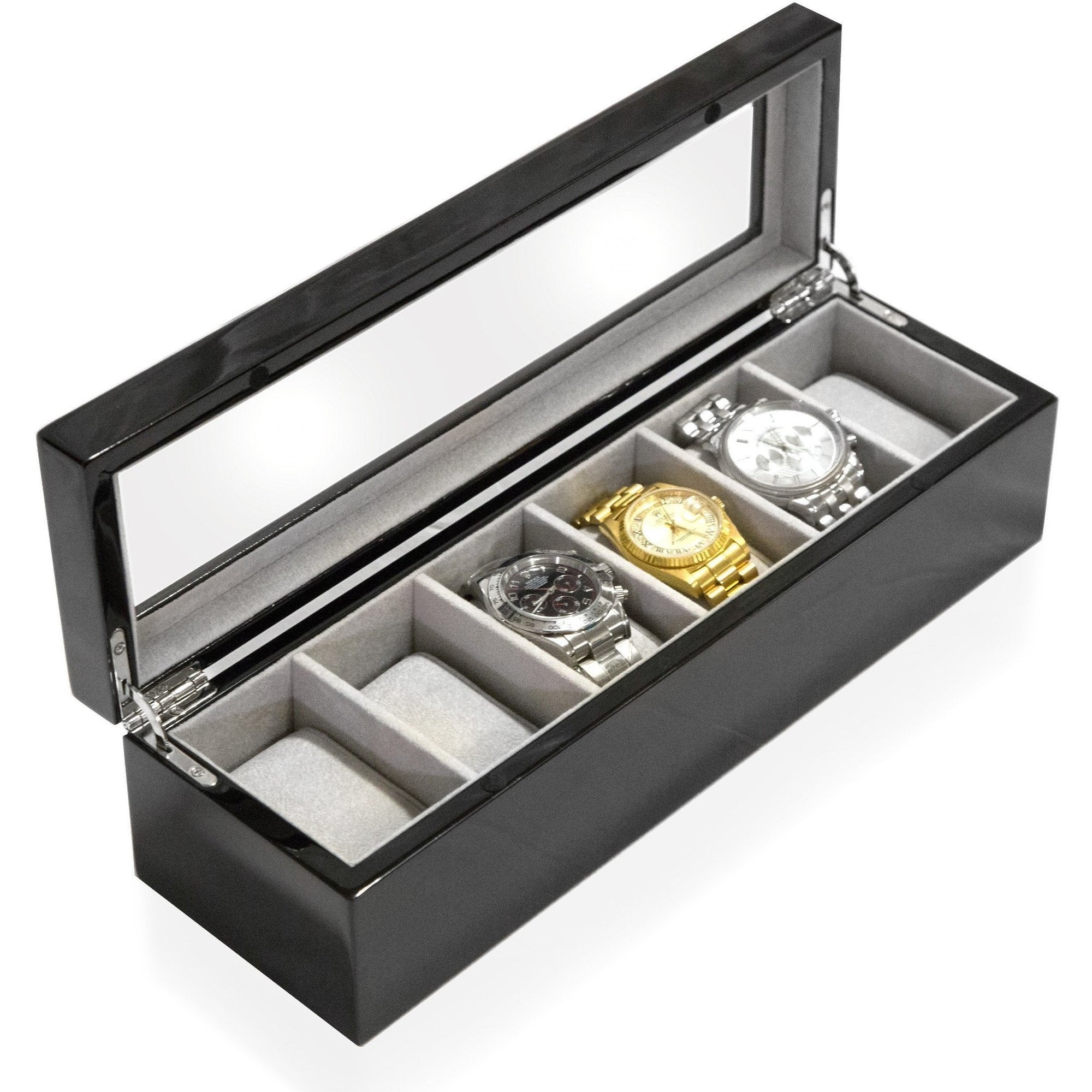 Modern 6-Slot Wooden Watch Box with Metal Clip and Real Glass Black
