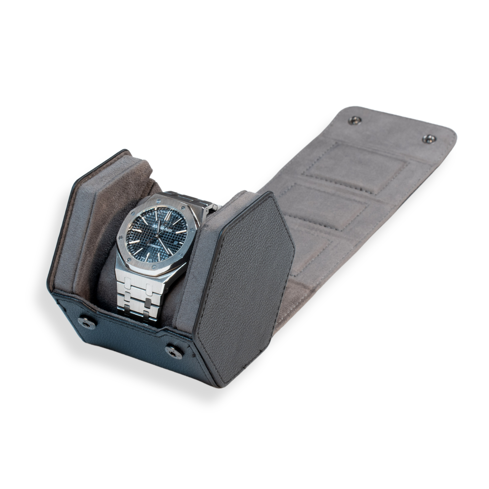 Hex Leather Watch Roll 1 Slot in Black/Charcoal