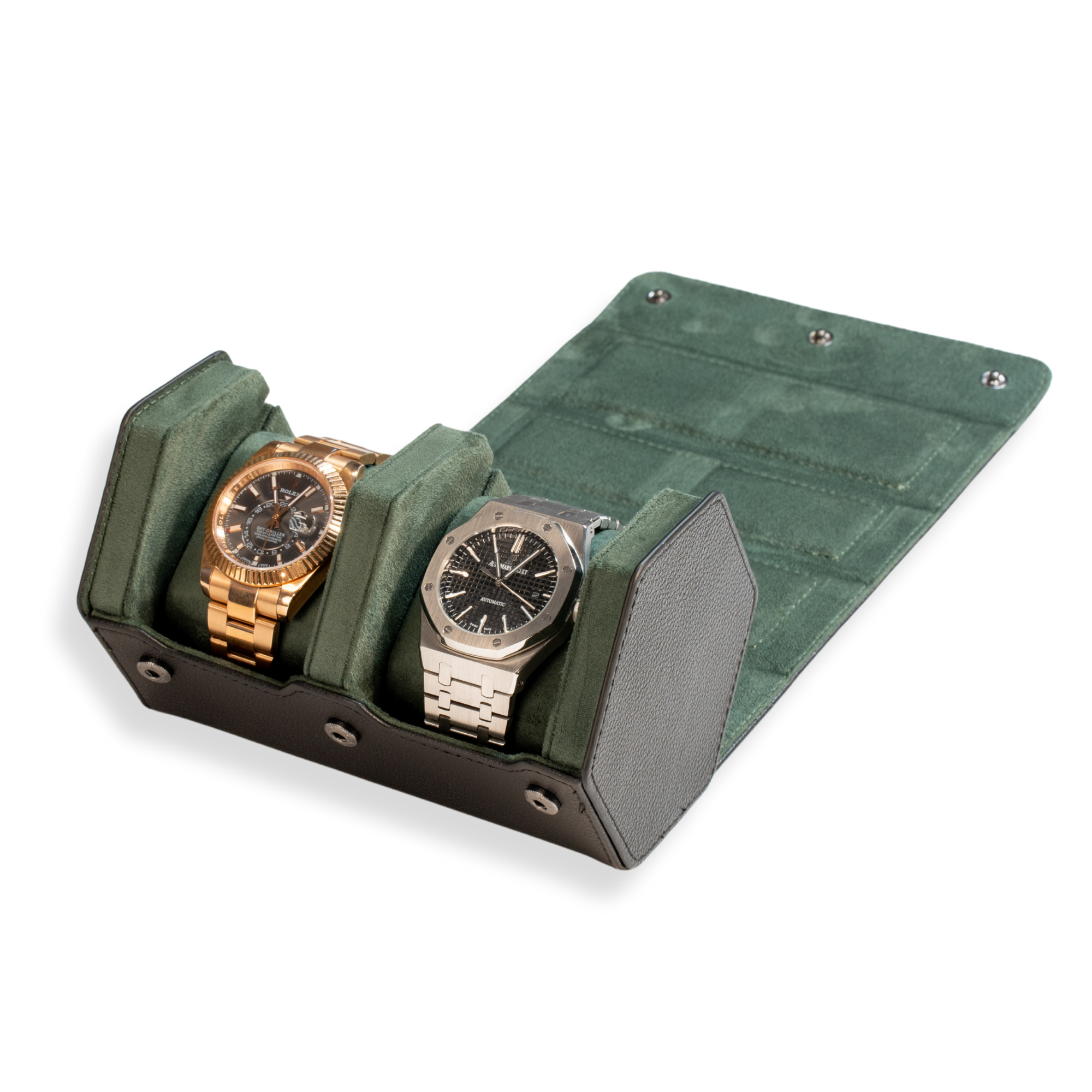 Hex Leather Watch Roll 2 Slots in Black/Green