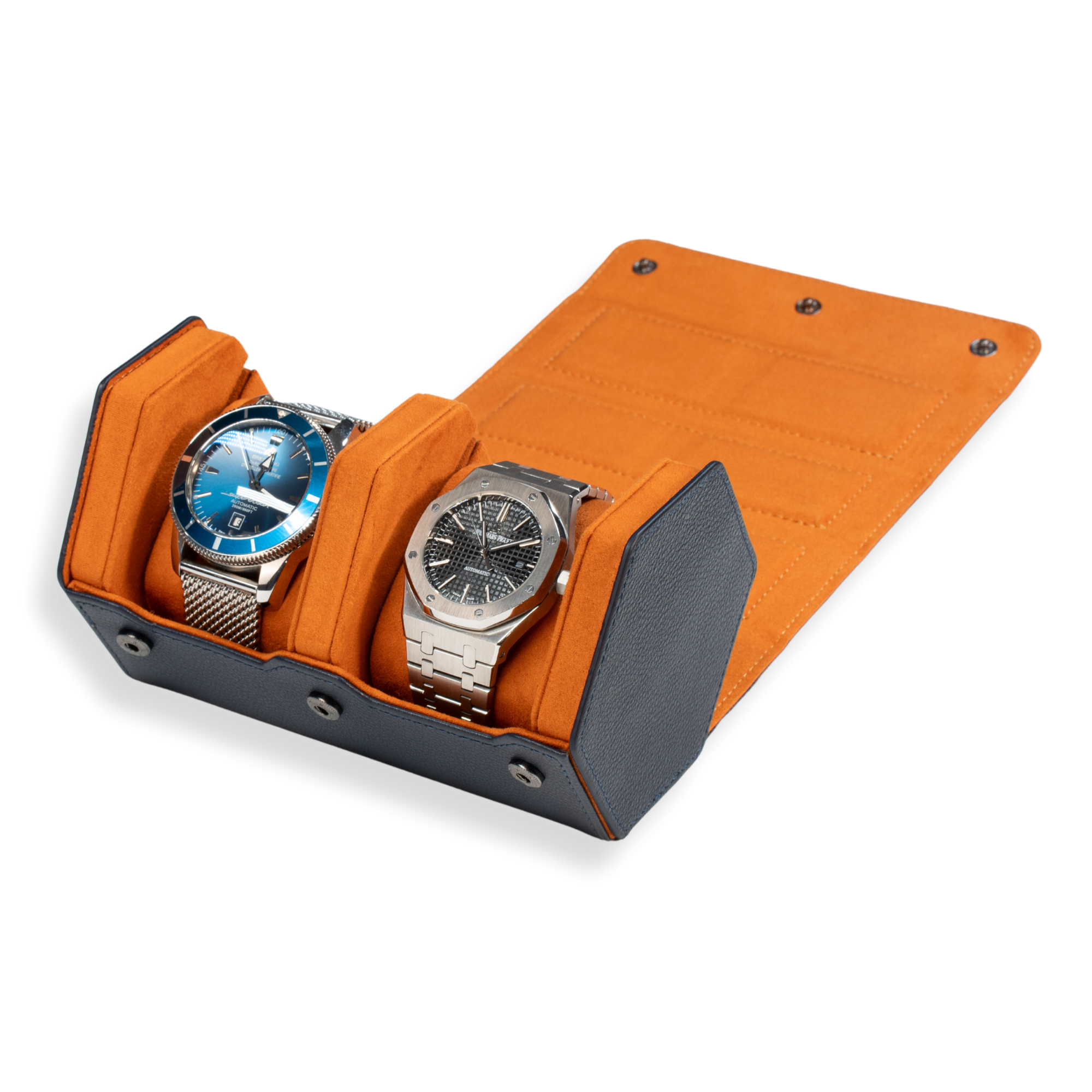 Hex Leather Watch Roll 2 Slots in Navy/Orange