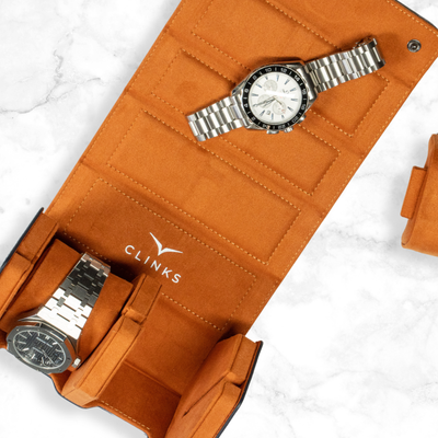 Hex Leather Watch Roll 2 Slots in Navy/Orange