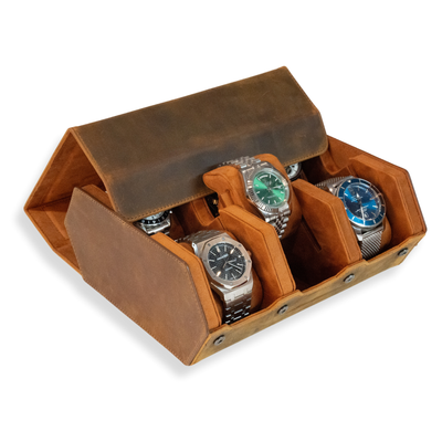 Hex Leather Watch Roll 6 Slots in Saddle Leather/Brown