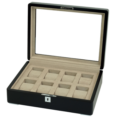 8 Slot Black Wooden Watch Box with Cream Interior