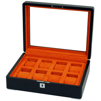 8 Slot Black Wooden Watch Box with Orange Interior