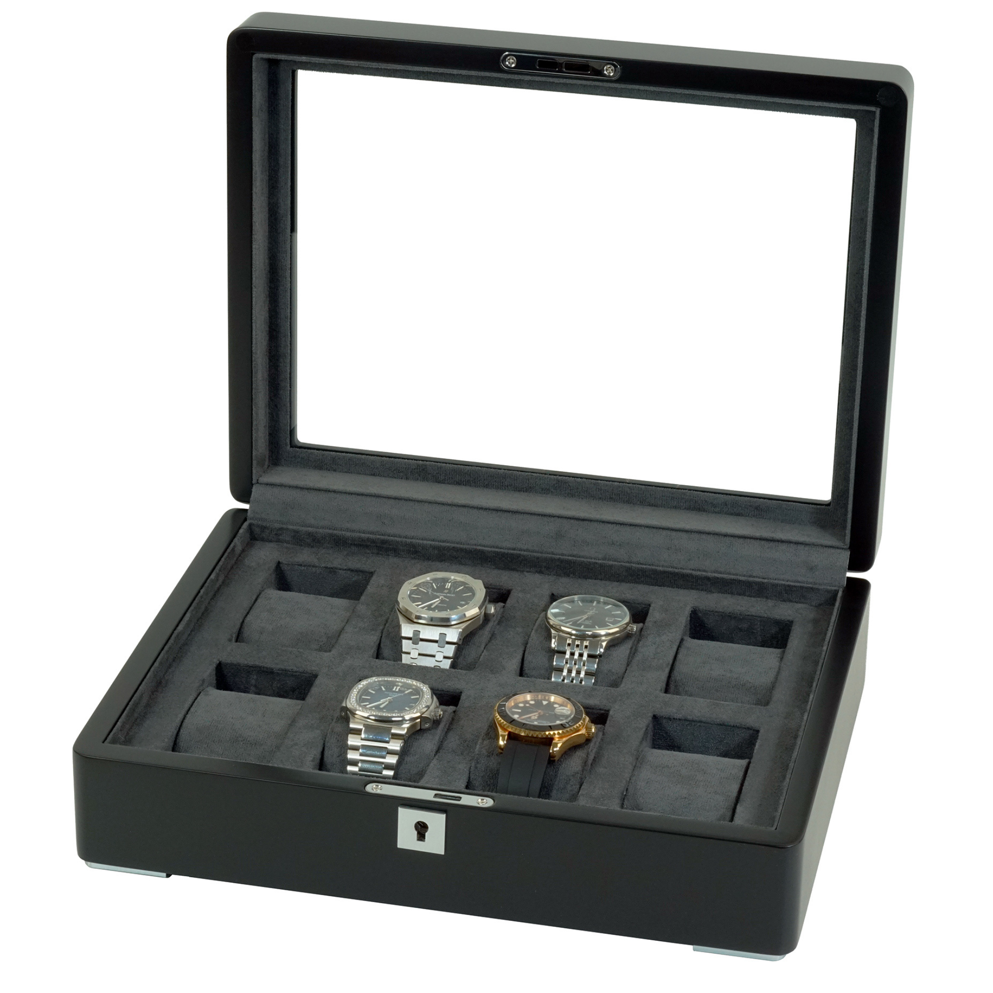 8 Slot Black Wooden Watch Box with Charcoal Interior