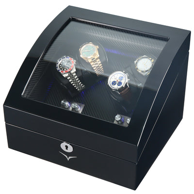 Avoca Watch Winder Box 4 + 4 Watches in Black - Carbon Fibre Interior