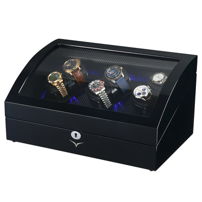 Avoca Watch Winder Box 6 + 6 Watches in Black with Carbon Fibre Interior