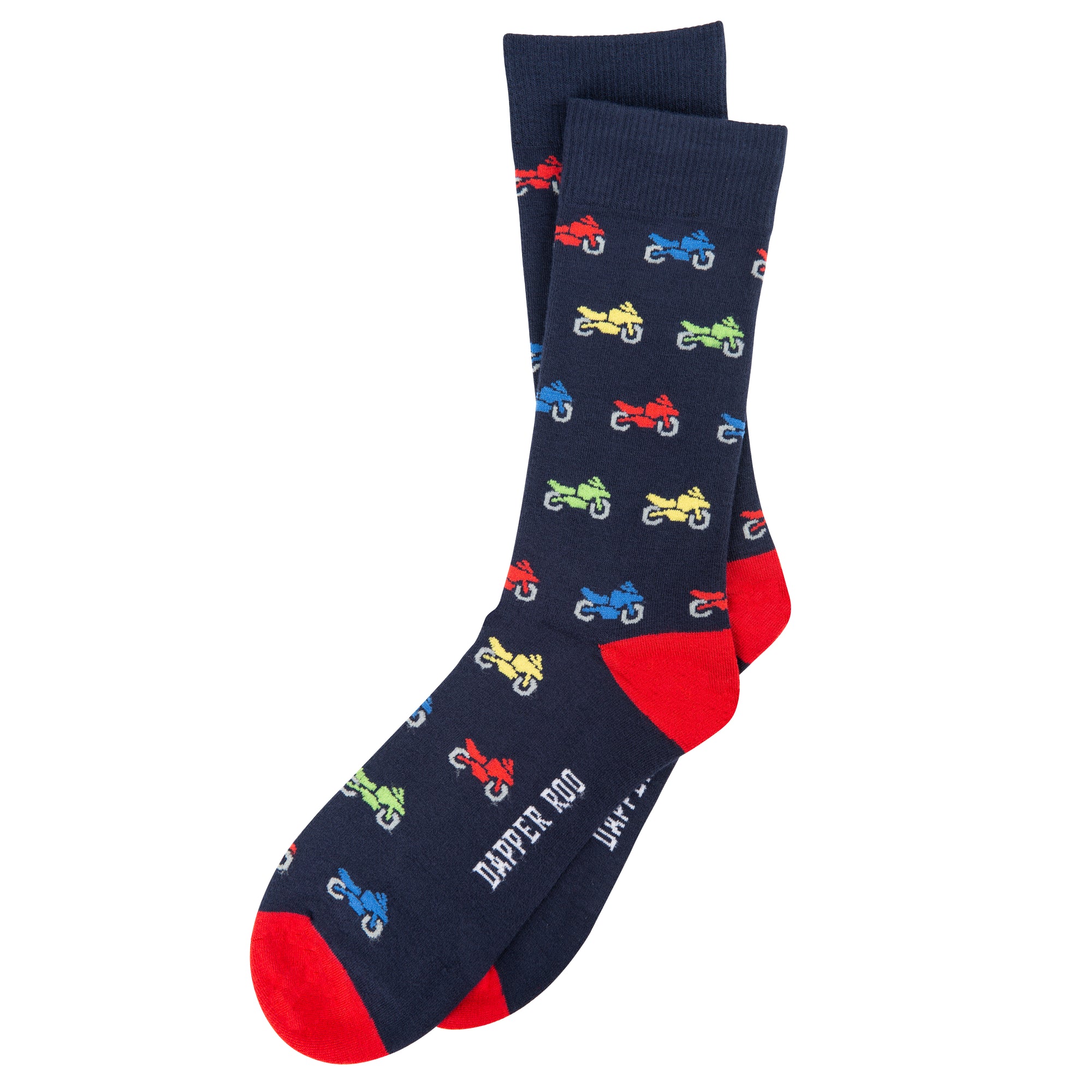 Racer Sports Motorcycle Bamboo Socks by Dapper Roo, Racer Sports Motorcycle Socks, Dapper Roo, Socks, Navy Blue, Red, Multi, Bamboo, Elastane, Nylon, Elastic, SK2028, Men's Socks, Socks for Men, Clinks.com